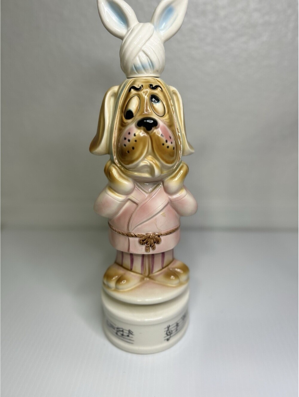 Vintage Ceramic Dog Pajamas Music Box w/ Bunny Top